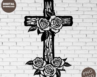 Cross with Roses SVG, Floral Crucifix Cut File for Cricut Laser CNC, Religious Digital Download, Distressed Wood Cross PNG