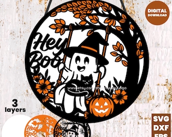 Halloween SVG file, Cute Ghost with Cat Swing, Door Hanger Laser Cut Cnc
