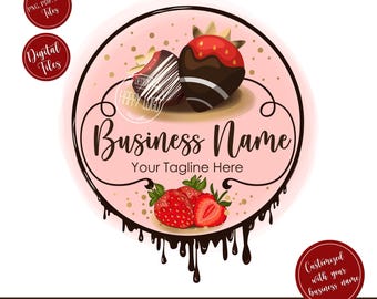 Könnte beinhalten: Ein Logo-Design mit schokoladenüberzogenen Erdbeeren und frischen Erdbeeren auf rosa Hintergrund. Das Design enthält den Text "Business Name" und "Your Tagline Here", mit einer Website-Adresse und den Worten "PNG, PDF, JPG Files" und "Digital Files".