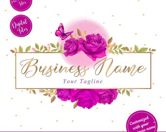 Floral Boutique Logo: Pink Watercolor Roses, Butterfly Design (Digital Files)
