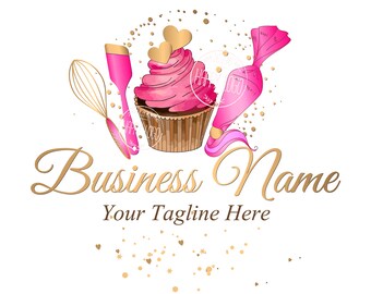 Può includere: Un cupcake rosa con cuori dorati in cima, circondato da spruzzi dorati e utensili da forno rosa. Il testo "Business Name" e "Your Tagline Here" è sotto il cupcake. L'indirizzo del sito web "www.etsy.com/shop/HappyLogo" è in basso.