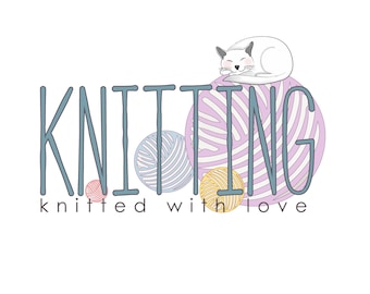 Cat Yarn Knitting Logo Design: Textile Sewing Watermark (Digital Files)