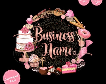Puede incluir: Un diseño de logotipo rosa y dorado para un negocio de panadería. El logotipo presenta un círculo con una variedad de dulces y postres, que incluyen un pastel, cupcakes, donas y chocolate. El texto "Business Name" está escrito en una fuente de oro rosa.