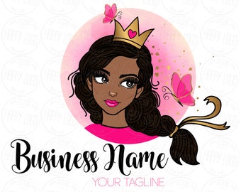 Beauty queen lashes logo, feminine logo, beauty hair makeup queen lashes logo, cute african american girl logo pink gold, branding package