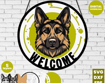 German Shepherd Welcome Sign SVG | Round Door Hanger 5-Layer 3D Laser Cut File for Cricut & CNC