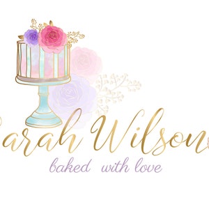 Bakery logo, baking logo, premade logo, cake logo design, dessert logo, sweets logo, watercolor logo cake, cake flowers logo pink,