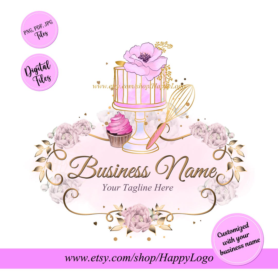 pink watercolour bakery logo | etsy | cake logo... Watercolor Bakery Logo: Cake & Cupcake Elegant Flower Design (premade ...
