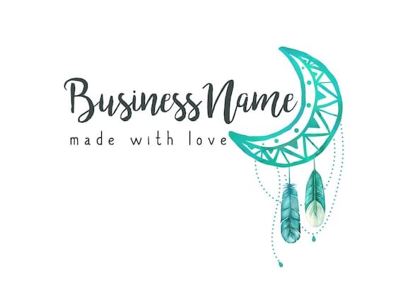 Digital Logo Design Moon And Feathers Logo Blue Teal Etsy