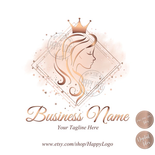 Hair salon logo, beauty logo, makeup logo, crown princess queen logo, custom logo design, rose gold glitter beauty makeup logo, vector logo