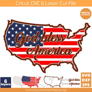 May include: A digital cut file featuring the outline of the United States, filled with the American flag design. The words "God bless America" are written in a brown script font. Includes SVG, DXF, and EPS file formats.