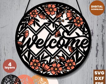 Floral SVG Welcome Sign, Layered Door Hanger Sign file, Round Laser Cut Cnc Router