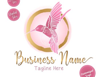 Pink Hummingbird Logo Design: Gold Circle Branding (Digital Files)