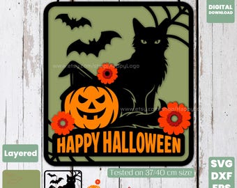 Black Cat Halloween Layered SVG File, Spooky Pumpkin Laser Cut File