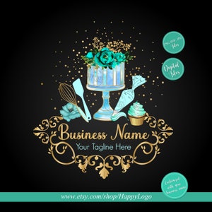 Logotipo da padaria, logotipo elegante dos doces do cupcake do bolo, logotipo aquarela pré-fabricado, pacote de marca feminina, cartão de visita, modelo de design editável