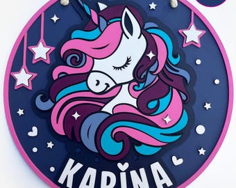 Personalized Unicorn Nursery Name Sign,  Round Wood / MDF Handmade Children Room Wall Art
