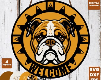 English Bulldog Welcome Sign SVG, 4 Layer Laser Cut File, Cricut CNC Digital Download
