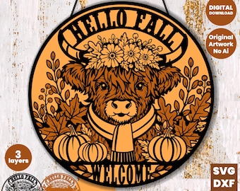 Hello Fall Highland Cow SVG, Welcome Layered Door Hanger Laser Cut File Cricut