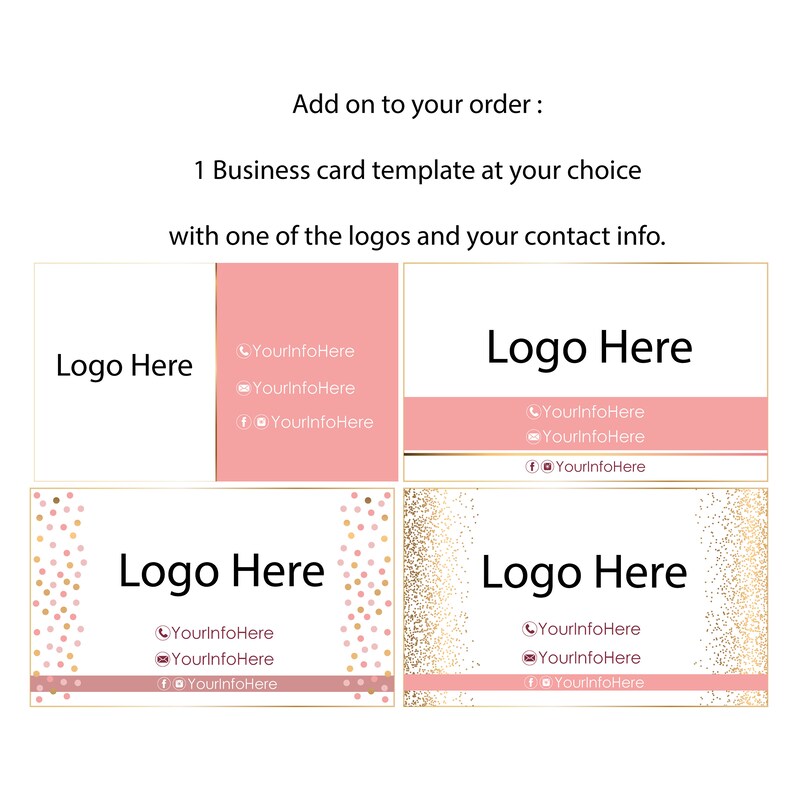 May include: Four business card templates with pink and gold glitter backgrounds. Each card has the text "Logo Here" and space for contact information. The text "YourInfoHere" is used as a placeholder for contact information.