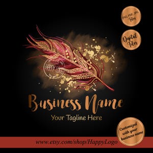 May include: A digital logo design featuring a detailed feather in shades of burgundy and gold, with intricate patterns. The design includes the text "Business Name" and "Your Tagline Here" on a black background, with additional text and circular badges.