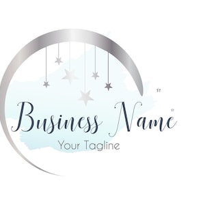 Moon stars logo, boutique logo, fashion logo, beauty logo, feminine logo, silver blue watercolor moon stars Logo, vector branding identity