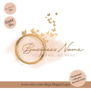 May include: A logo design featuring a gold-colored brush stroke circle with the text "Business Name" and "Your Tagline Here". Gold butterflies are scattered around the circle. The design includes the text "PNG, PDF, JPG Files" and "Digital Files".