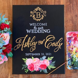 HAND PAINTED Floral Wedding Welcome Sign with Couples Names , Elegant Wedding Sign, Personalized Wedding Sign, Monogram Wedding Sign image 1