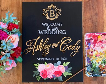 HAND PAINTED Floral Wedding Welcome Sign with Couples Names , Elegant Wedding Sign, Personalized Wedding Sign, Monogram Wedding Sign