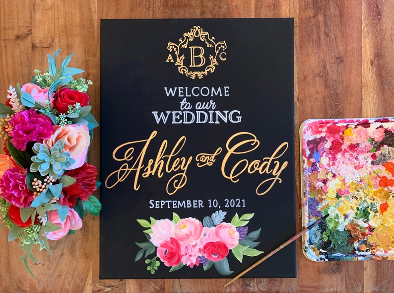 HAND PAINTED Floral Wedding Welcome Sign with Couples Names , Elegant Wedding Sign, Personalized Wedding Sign, Monogram Wedding Sign image 1