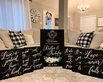 Set of 6 Wedding Aisle Signs, 1 Corinthians 13 Wedding Signs, Love is Patient, Love is Kind, Hand Painted Wedding Signage, Corinthians Aisle