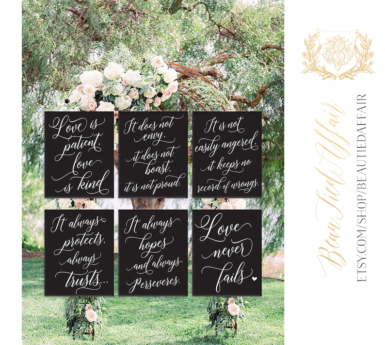 Set of 6 Wedding Aisle Signs, 1 Corinthians 13 Wedding Signs, Love is Patient, Love is Kind, Hand Painted Wedding Signage, Love Signs image 10