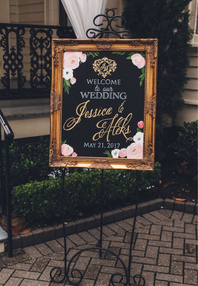 HAND PAINTED Floral Wedding Welcome Sign with Couples Names , Elegant Wedding Sign, Personalized Wedding Sign, Monogram Wedding Sign image 5