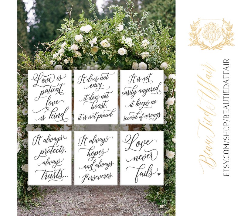 Set of 6 Wedding Aisle Signs, 1 Corinthians 13 Wedding Signs, Love is Patient, Love is Kind, Hand Painted Wedding Signage, Love Signs image 9