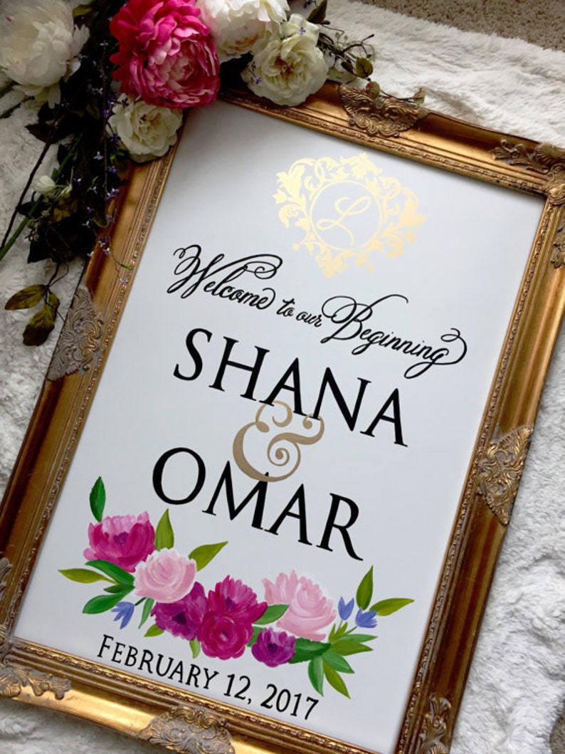 HAND PAINTED Floral Wedding Welcome Sign with Couples Names , Elegant Wedding Sign, Personalized Wedding Sign, Monogram Wedding Sign image 2