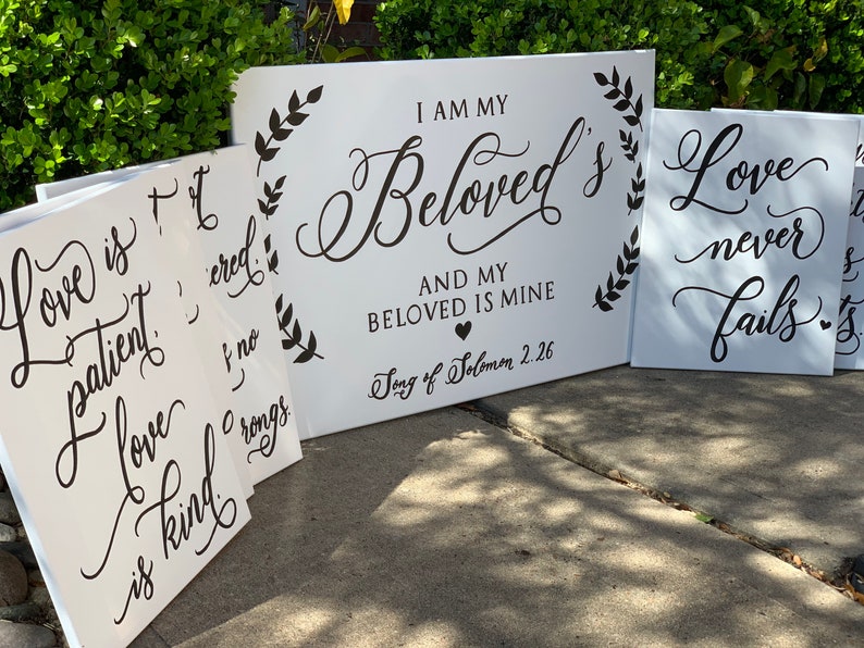 Set of 6 Wedding Aisle Signs, 1 Corinthians 13 Wedding Signs, Love is Patient, Love is Kind, Hand Painted Wedding Signage image 10