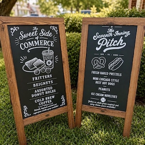 May include: Two A-frame wooden chalkboard signs with white hand-lettered text and illustrations. The left sign reads The Sweet Side of Commerce with drawings of fritters, beignets, donut holes, and cold brew. The right sign reads The Seventh-Inning Pitch with drawings of a pretzel and hot dog.