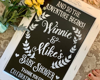 Baby Shower Welcome Sign •  Baby Shower Easel • And So the Adventure Begins Baby Shower • Couple's Baby Shower Sign • Baby Shower Chalkboard