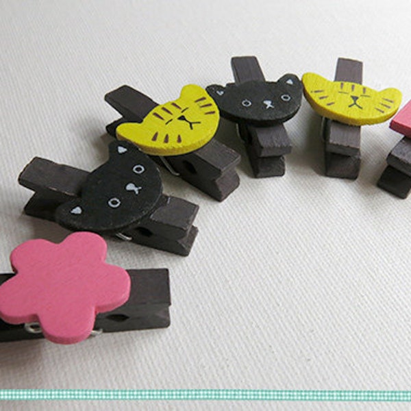 Wooden Mini Clothespins . Kitten Mini Pegs // Love, Toy, Sweet, Lovely, Gift Decoration, Romantic // Set of 6