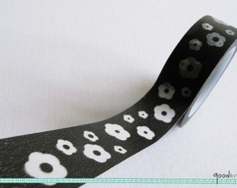Black, White Floral Pattern Washi Tape / Masking Tape - 10m, 1 Roll