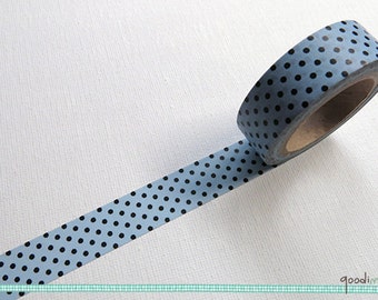 Washi Tape - Black Polka Dots Washi Tape, On Blue / Decor Masking Tape - 10m, 1 Roll, light blue