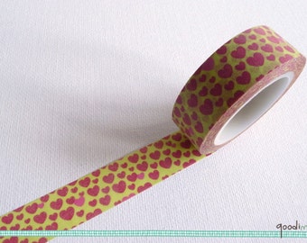 Red Hearts on Yellow Washi Tape / Masking Tape - 10m - Pink, Love, Valentine