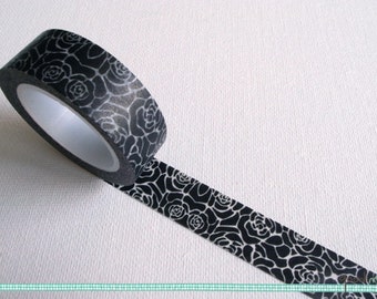 Black and White Rose Pattern Washi Tape / Masking Tape - 10m - Floral Pattern, Gothic