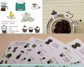 Café Story Diary Sticker Set - 4 Sheets, 80 Pcs - Coffee, Tea, Cup Cake, Baking, Americano, Latte, Vienna, Mocha, Cappuccino, Cococcino