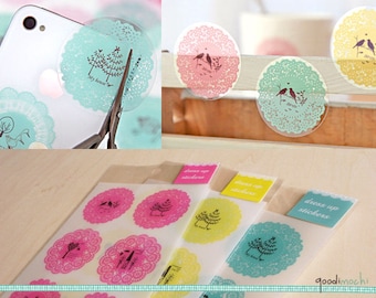 French Lace Pattern Sticker Seal Set // Doily, Gift Wrapping, Deco Stickers, Dress-up Stickers // 3 Sheets of 3 Colors, 30 Pcs
