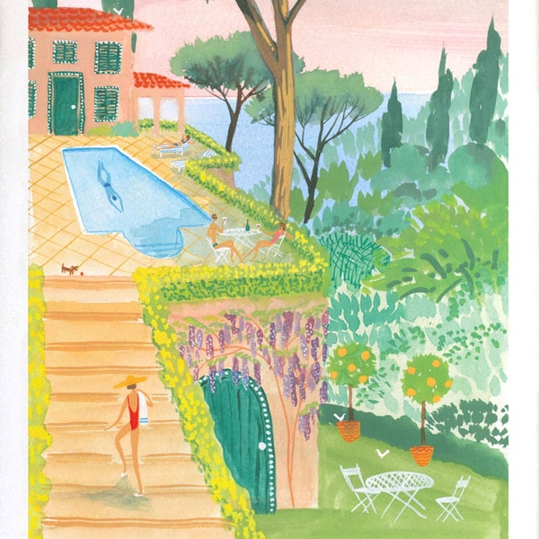 Illustration de la côte amalfitaine, affiche de piscine en Italie, peinture de jardin botanique méditerranéen, impression d'art murale colorée lumineuse d'été italien