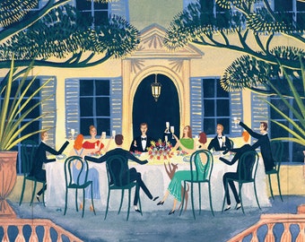 Summer Banquet Painting Italian Mediterranean Garden Dinner Party, Landscape Illustration Bright Art Print Poster Gift Present A3 A2 A1 Size