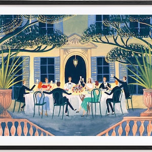 Summer Wedding Painting Italian Landscape Illustration, Bright Art Print Mediterranean Garden Dinner Party Poster Gift Present A3 A2 A1 Size