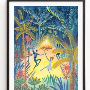 Bonfire Party Painting, Tropical Jungle Dancer Illustration, Exotic Botanical Plants Art Print, Bright Colourful Summer Poster, Vibrant Gift