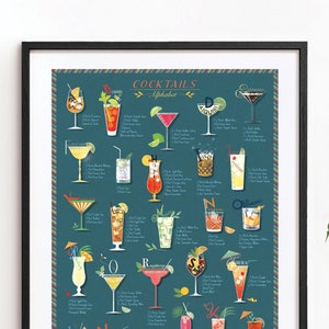 Cocktails A-Z Alphabet Poster Druck, Gin Prosecco Whisky Getränk Themen Küche Vintage Art Deco Stil Illustration A3 A2 A1 Größe