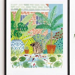 Impresión artística de pintura de gato tropical, estanque de peces, plantas botánicas, póster infantil, ilustración de arte de pared, acuarela de estanque de jardín de Kate Sampson