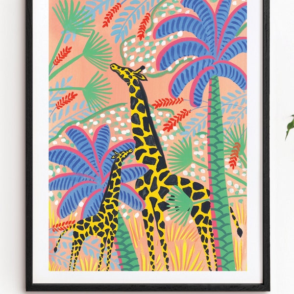 Giraffe Art Print, Bright Colourful Tropical Jungle Poster A3 A2 A1 Size, Baby Nursery Children's Kids bedroom, Animal Painting Illustration